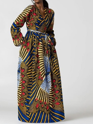 African Fashion Damen Kleid Mit V-ausschnitt Und Ausgestellten Ärmeln