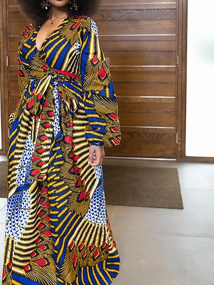 African Fashion Damen Kleid Mit V-ausschnitt Und Ausgestellten Ärmeln