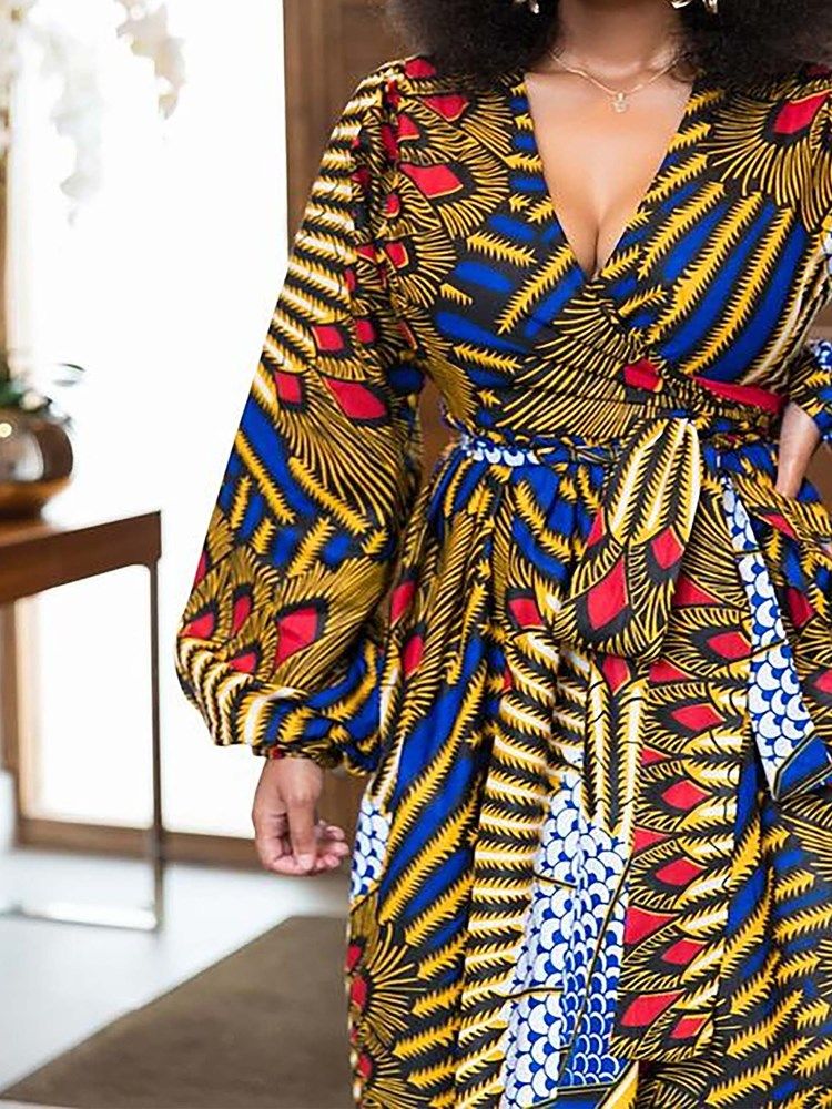 African Fashion Damen Kleid Mit V-ausschnitt Und Ausgestellten Ärmeln