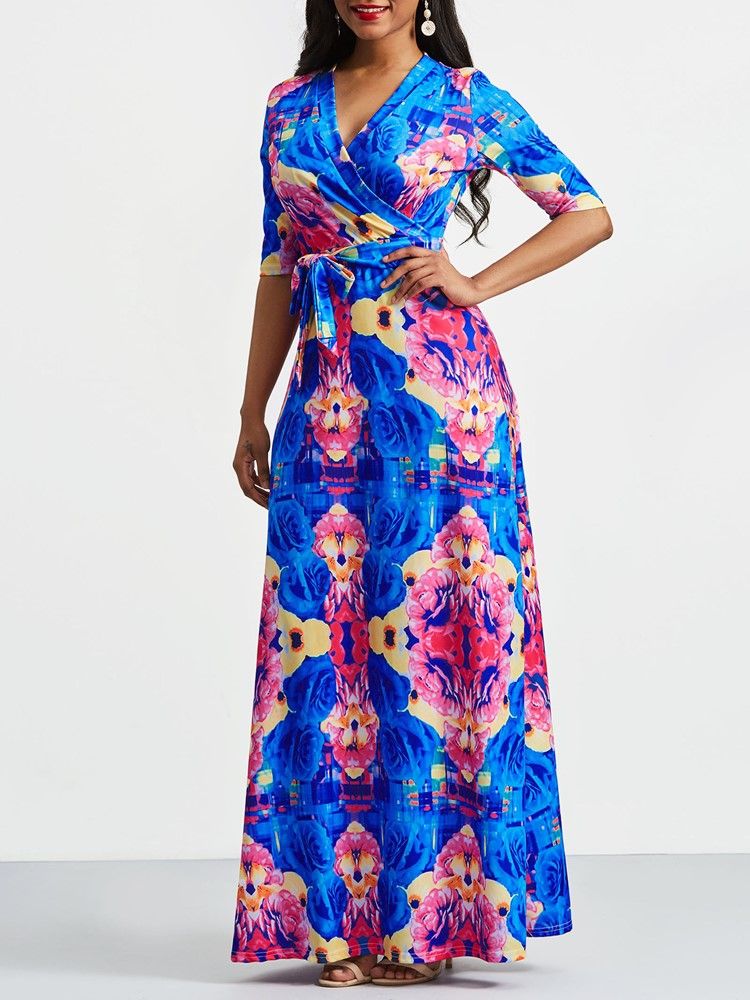 Afrikanisches Damenmode Mit V-ausschnitt Und Floralem Farbblock-maxikleid