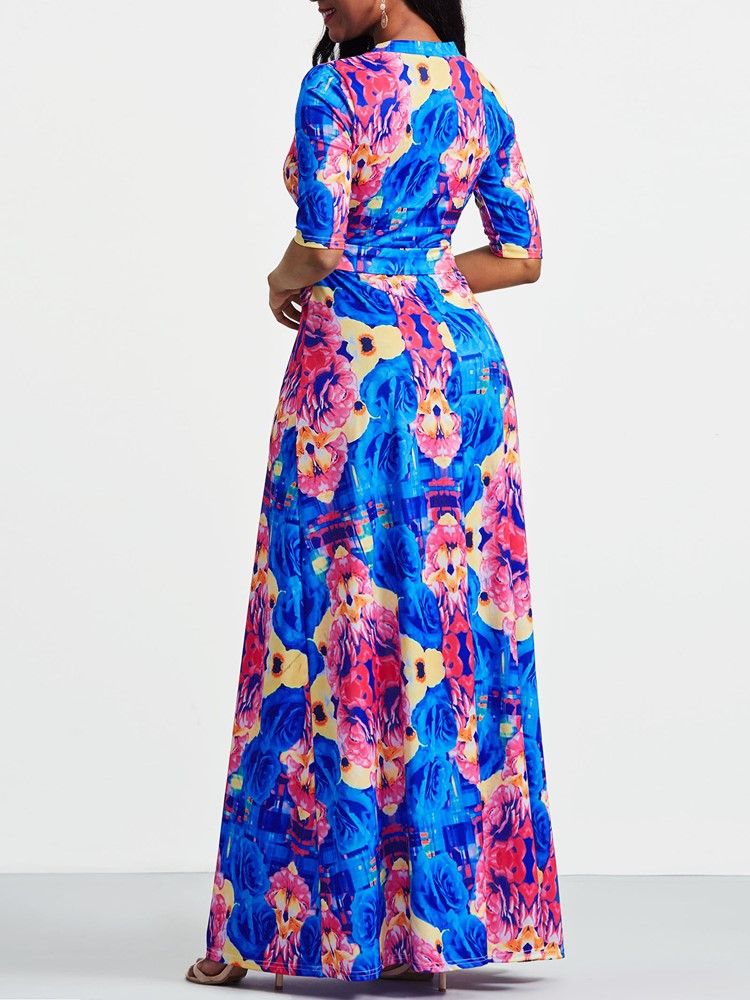 Afrikanisches Damenmode Mit V-ausschnitt Und Floralem Farbblock-maxikleid