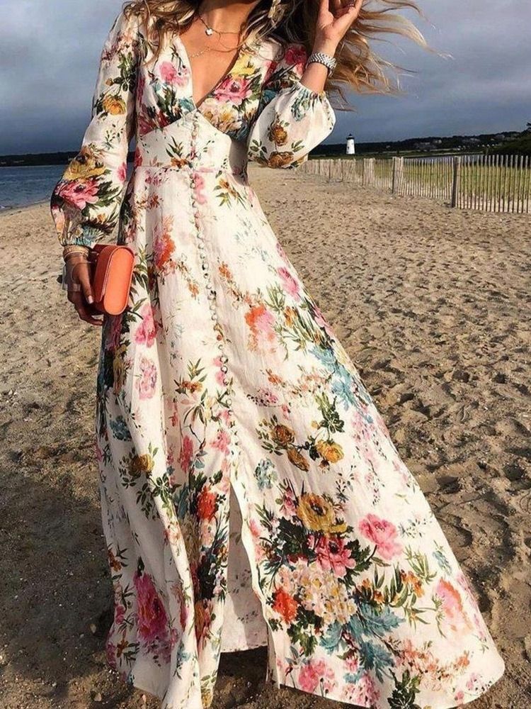 Bodenlange Langarm-knopferweiterung Ladylike Floral Maxikleid Strandkleider Für Damen