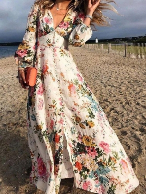 Bodenlange Langarm-knopferweiterung Ladylike Floral Maxikleid Strandkleider Für Damen