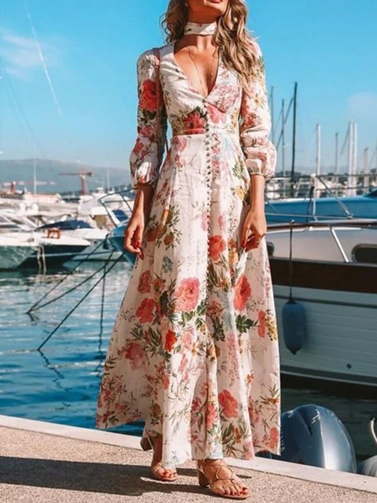 Bodenlange Langarm-knopferweiterung Ladylike Floral Maxikleid Strandkleider Für Damen