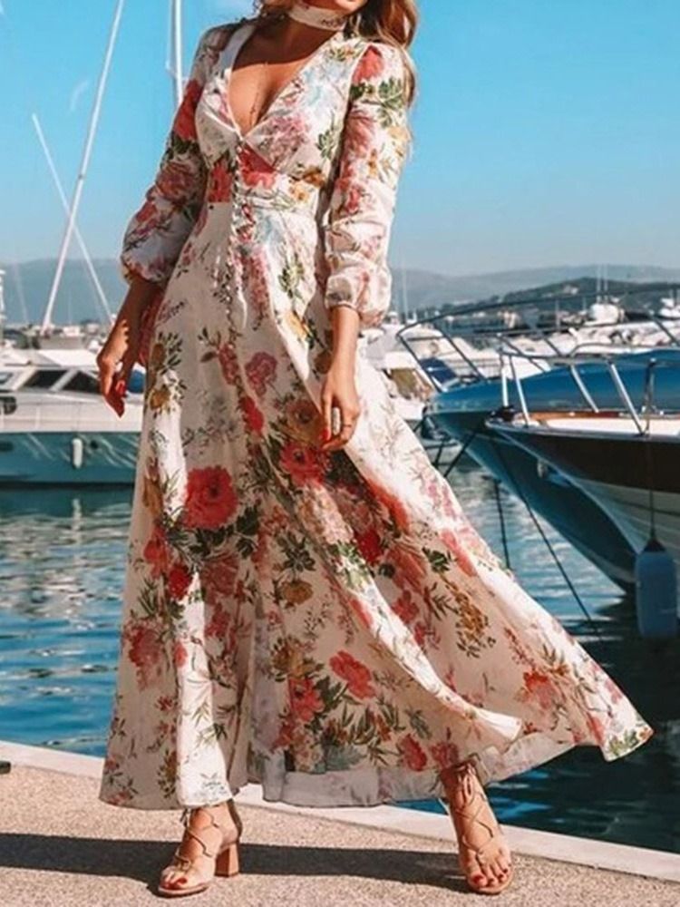 Bodenlange Langarm-knopferweiterung Ladylike Floral Maxikleid Strandkleider Für Damen