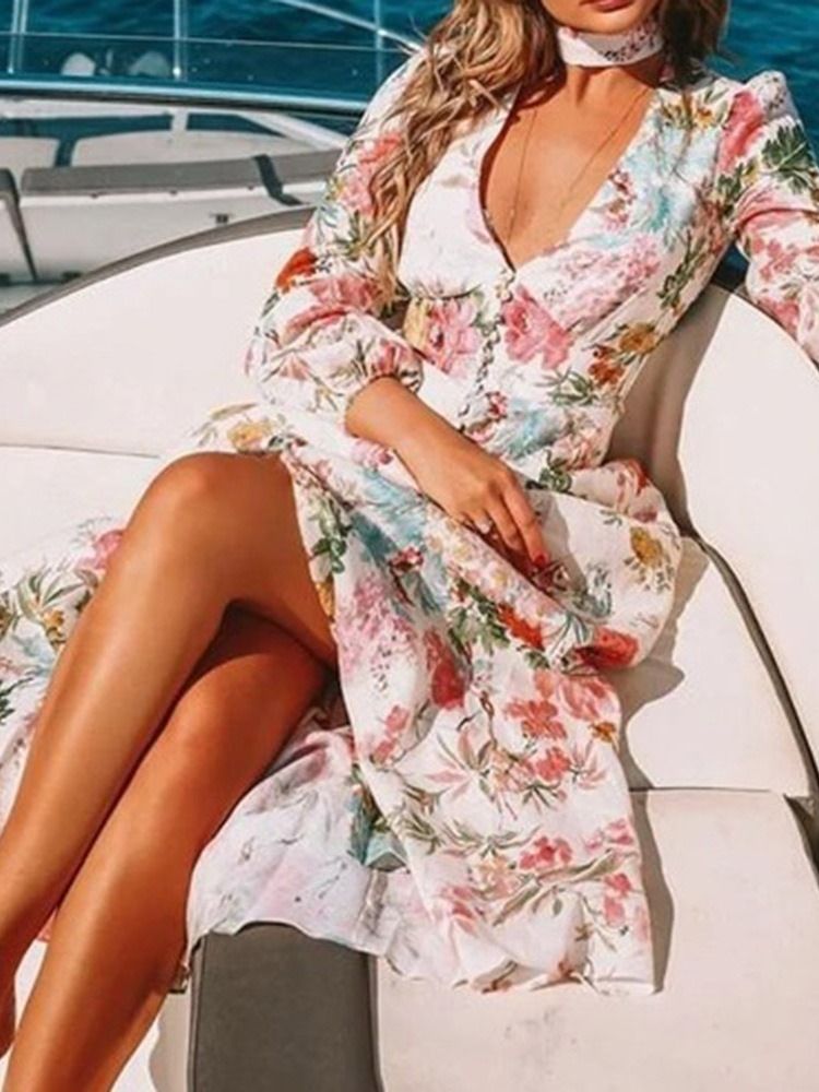 Bodenlange Langarm-knopferweiterung Ladylike Floral Maxikleid Strandkleider Für Damen