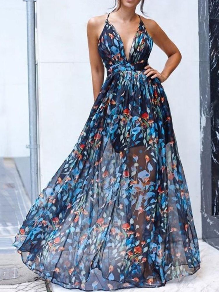 Bodenlanger Druck Ärmelloses Spaghetti-träger Sexy Kleid Floral Maxikleid Strandkleider Für Frauen