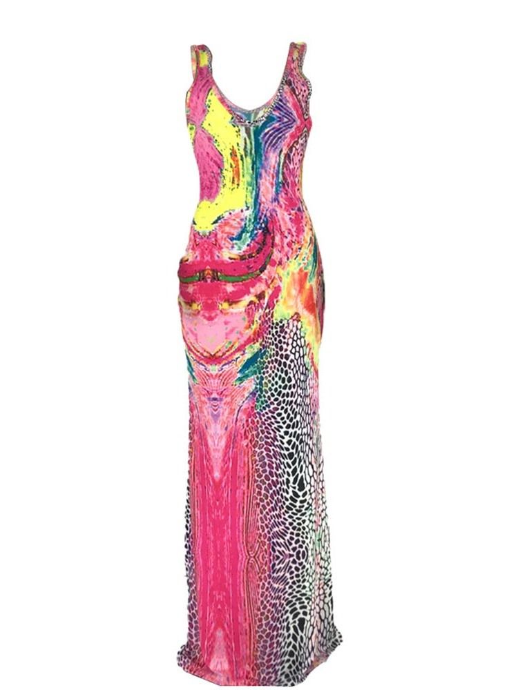 Bodenlanges Ärmelloses Figurbetontes Pulloverkleid Mit Print