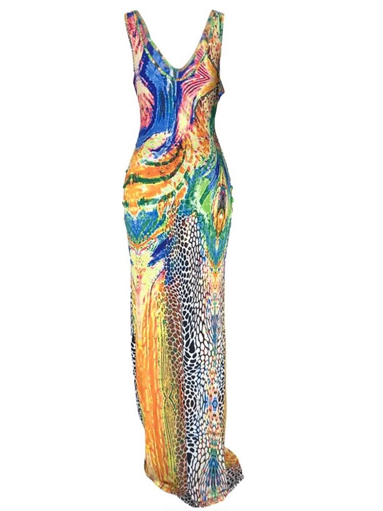 Bodenlanges Ärmelloses Figurbetontes Pulloverkleid Mit Print