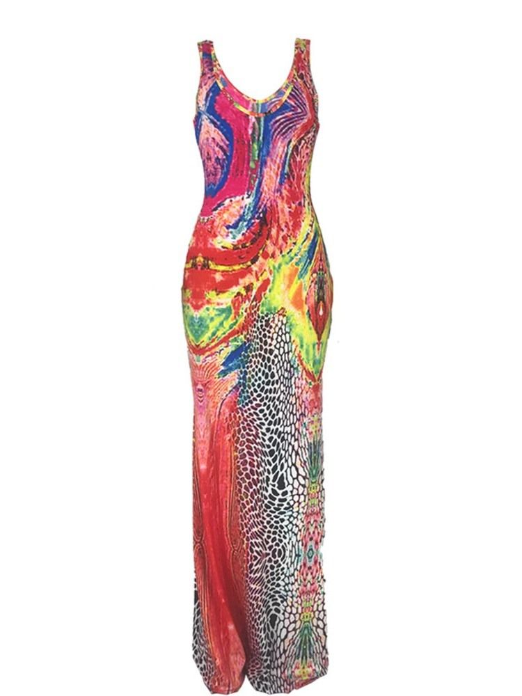 Bodenlanges Ärmelloses Figurbetontes Pulloverkleid Mit Print