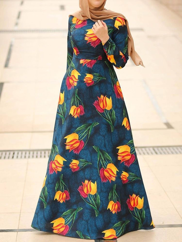 Bodenlanges Blumen-herbstkleid Mit Langen Ärmeln Und Print