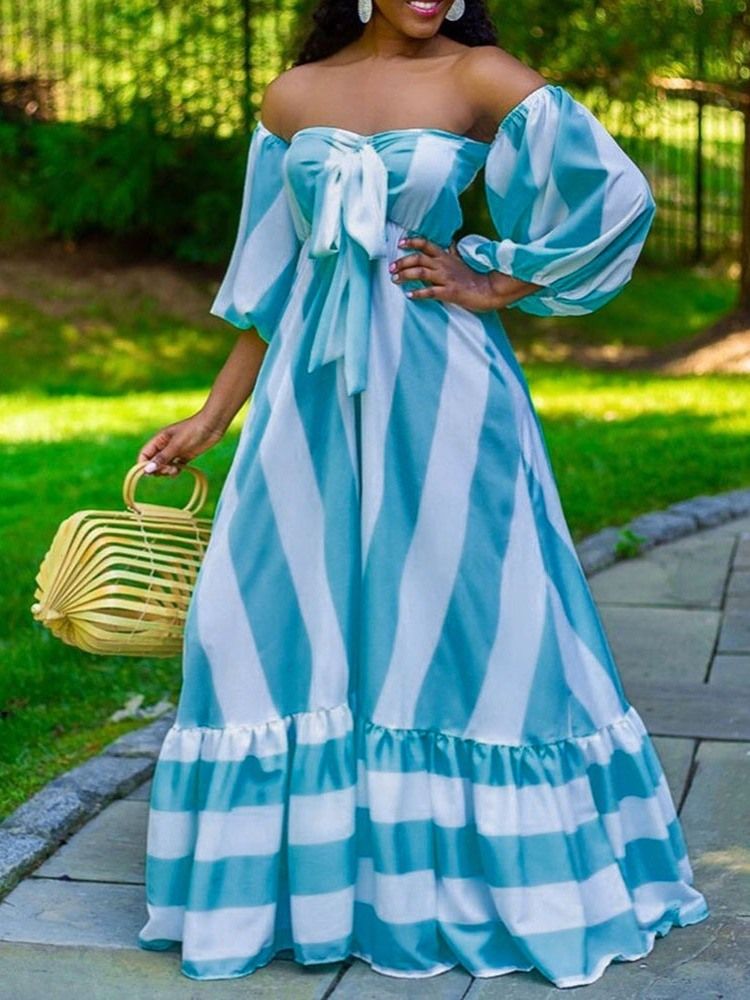 Bodenlanges Gestreiftes Kleid Mit Schleife Und Hoher Taille Mit Neun Punkten Ärmel Für Damen