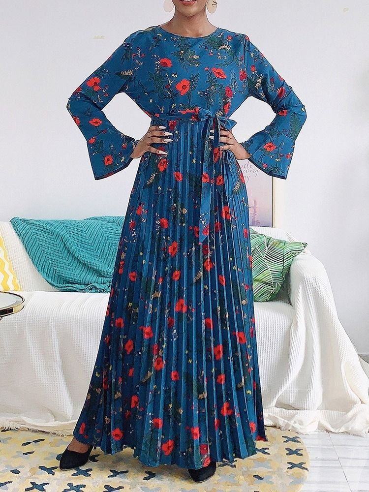 Bodenlanges Langärmliges Süßes Herbst-damenkleid Mit Print