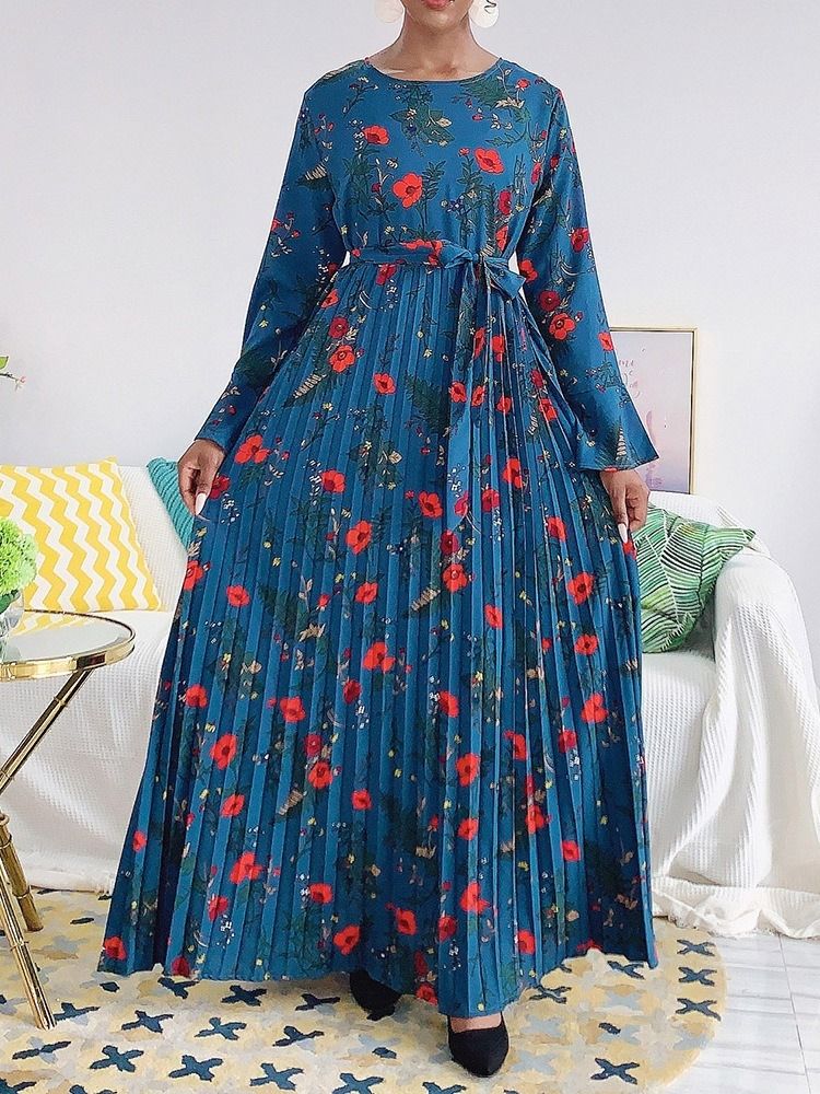 Bodenlanges Langärmliges Süßes Herbst-damenkleid Mit Print