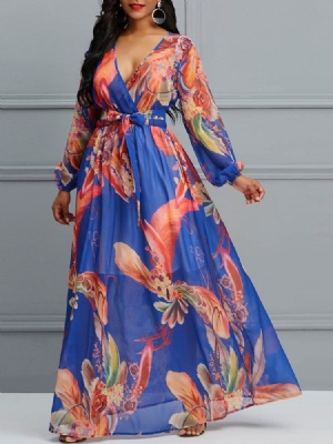 Bodenlanges Laternenärmel-print Damenkleid