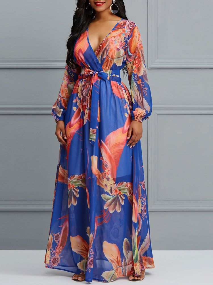 Bodenlanges Laternenärmel-print Damenkleid