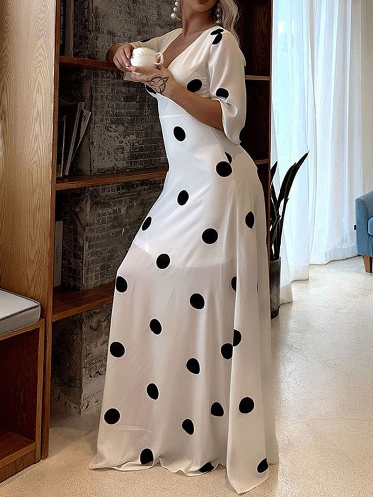 Bodenlanges Patchwork-kleid Mit Dreiviertelärmeln A-linie Polka Dots Damenkleid