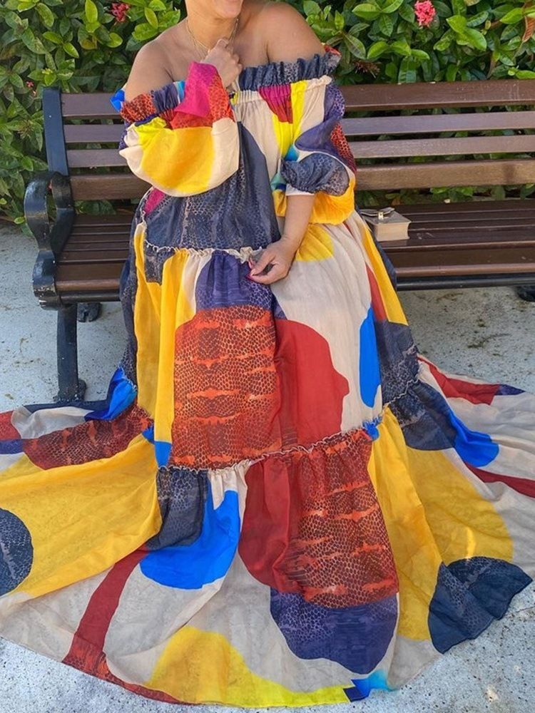 Bodenlanges Patchwork-langarm-mode-farbblockkleid Für Damen