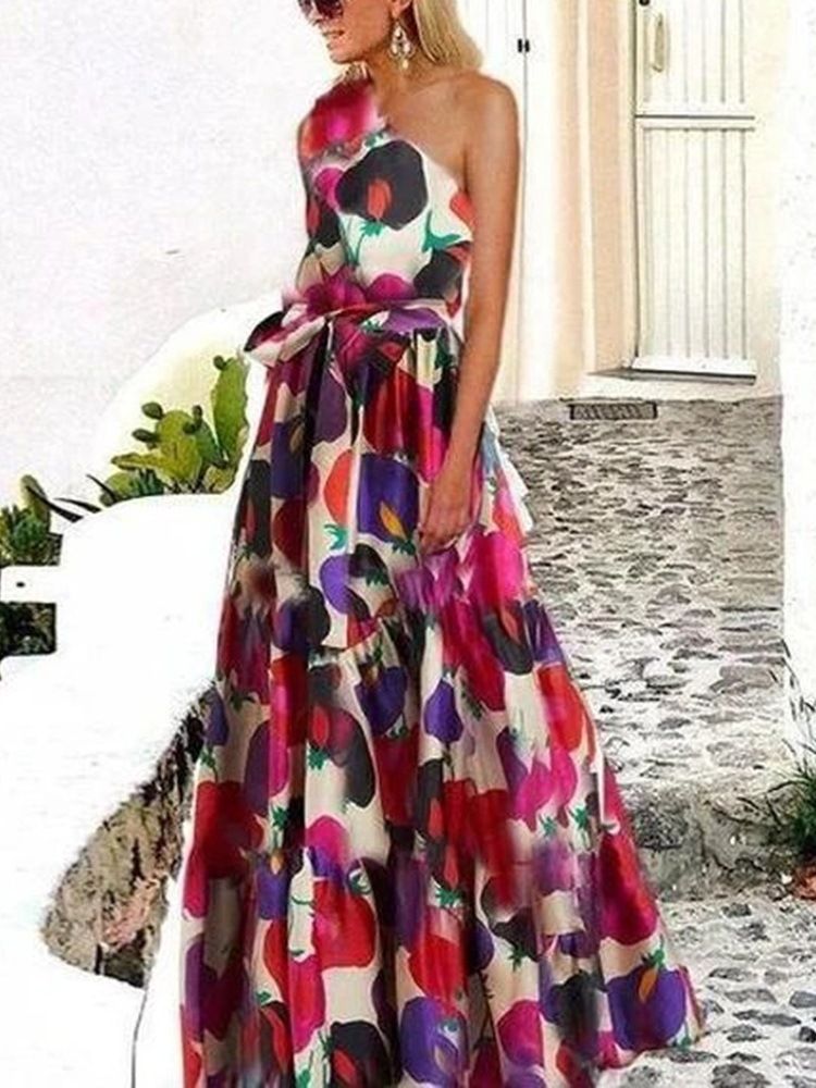 Bodenlanges Schräges Kragen-ärmelloses Kleid Blumen-damenkleid