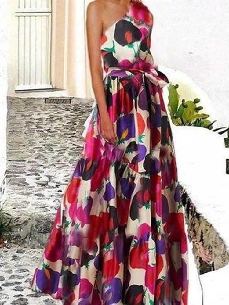 Bodenlanges Schräges Kragen-ärmelloses Kleid Blumen-damenkleid