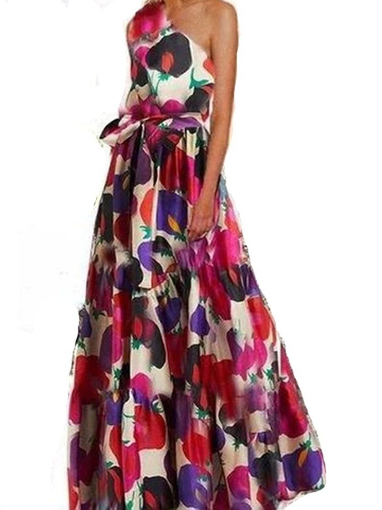 Bodenlanges Schräges Kragen-ärmelloses Kleid Blumen-damenkleid