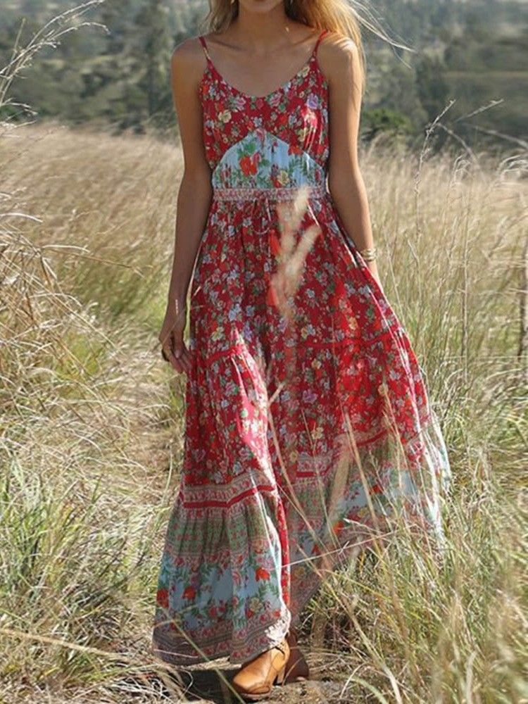 Bohemian Expansion Knöchellanges Plissiertes Blumen-reise-look-kleid Für Damen