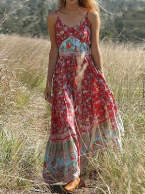 Bohemian Expansion Knöchellanges Plissiertes Blumen-reise-look-kleid Für Damen