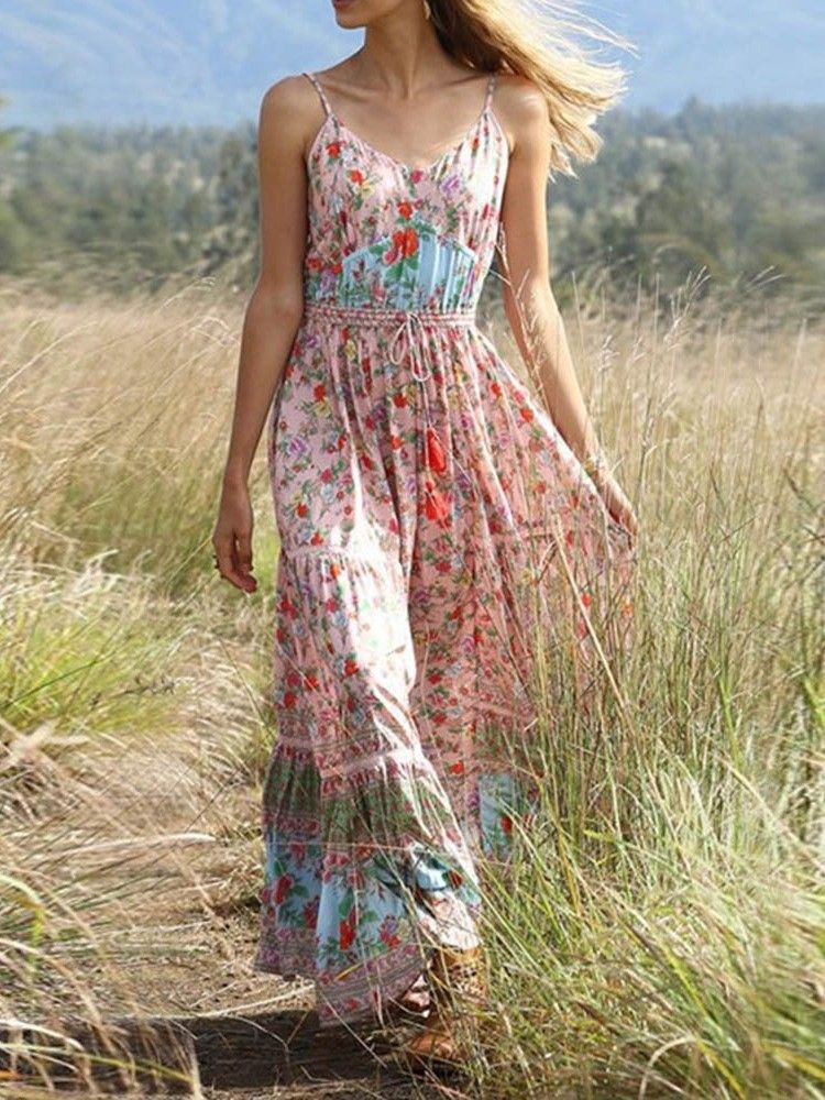 Bohemian Expansion Knöchellanges Plissiertes Blumen-reise-look-kleid Für Damen