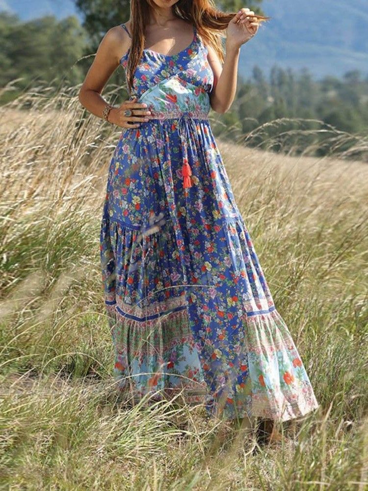 Bohemian Expansion Knöchellanges Plissiertes Blumen-reise-look-kleid Für Damen