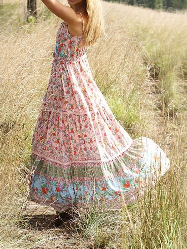 Bohemian Expansion Knöchellanges Plissiertes Blumen-reise-look-kleid Für Damen