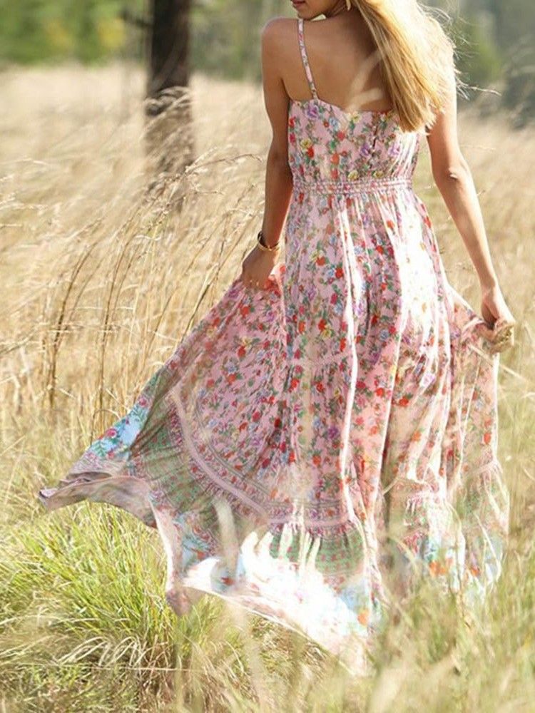 Bohemian Expansion Knöchellanges Plissiertes Blumen-reise-look-kleid Für Damen