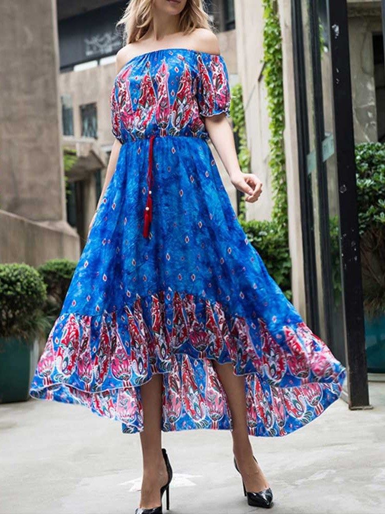 Bohemian Schulterfreies Knöchellanges Printkleid Für Damen