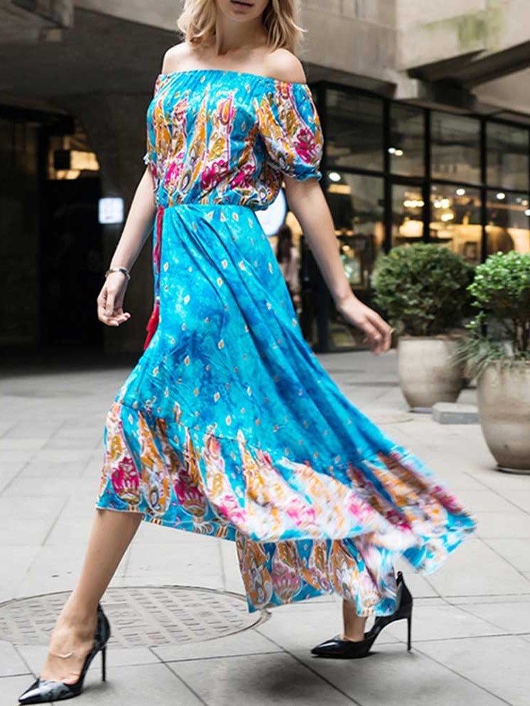 Bohemian Schulterfreies Knöchellanges Printkleid Für Damen