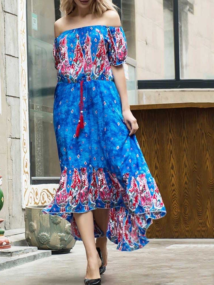 Bohemian Schulterfreies Knöchellanges Printkleid Für Damen