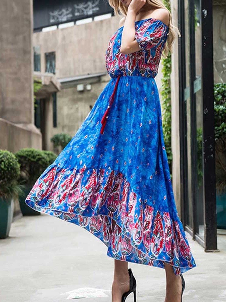 Bohemian Schulterfreies Knöchellanges Printkleid Für Damen