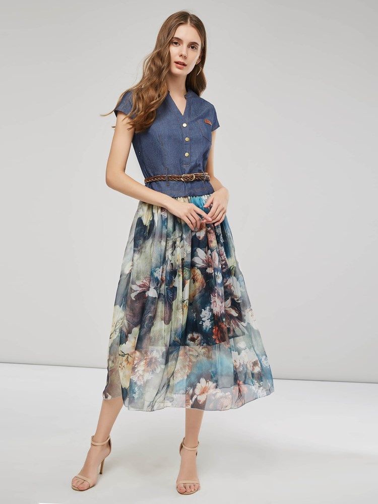 Chiffon V-ausschnitt Travel Look Damen Maxikleid