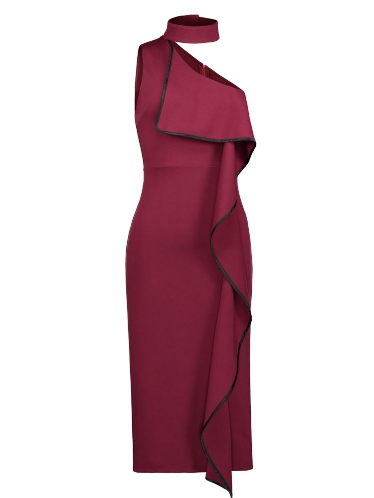 Damen Asymmetrisches Maxikleid Mit Schrägem Kragen Und Rüschen