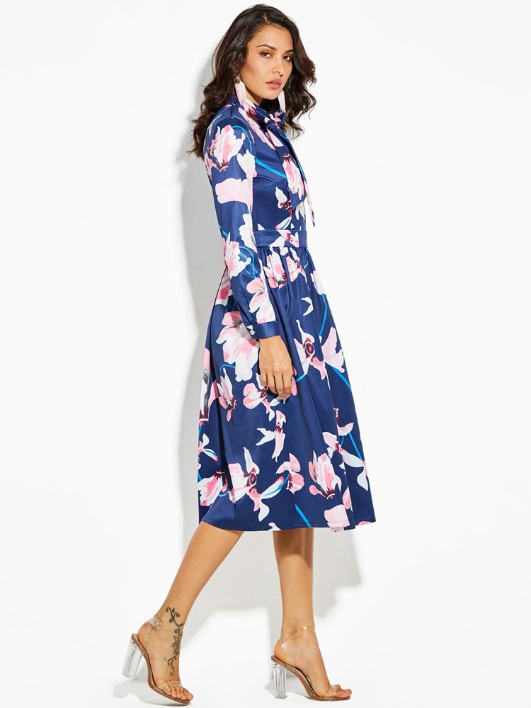 Damen-blumendruck-bowknot-langarm-a-linien-kleid