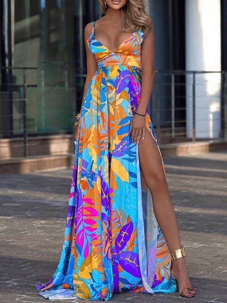 Damen Bodenlanges Ärmelloses Mode-pulloverkleid Mit Print