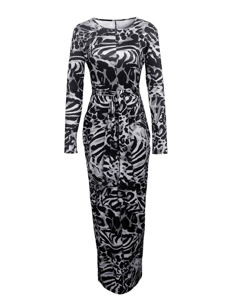 Damen Bodenlanges Print Langarm Party Cocktailkleid Regular