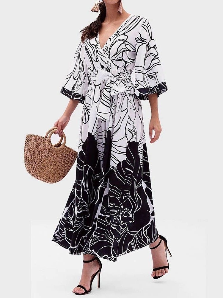 Damen Color Block V-ausschnitt Print Flare Sleeve Expansion Fashion Dress