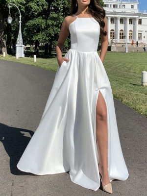 Damen Geschlitztes Ärmelloses Kleid Mit Eckigem Ausschnitt Expansion Maxi White Dress