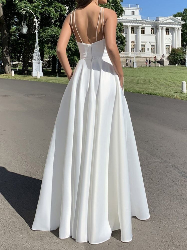 Damen Geschlitztes Ärmelloses Kleid Mit Eckigem Ausschnitt Expansion Maxi White Dress