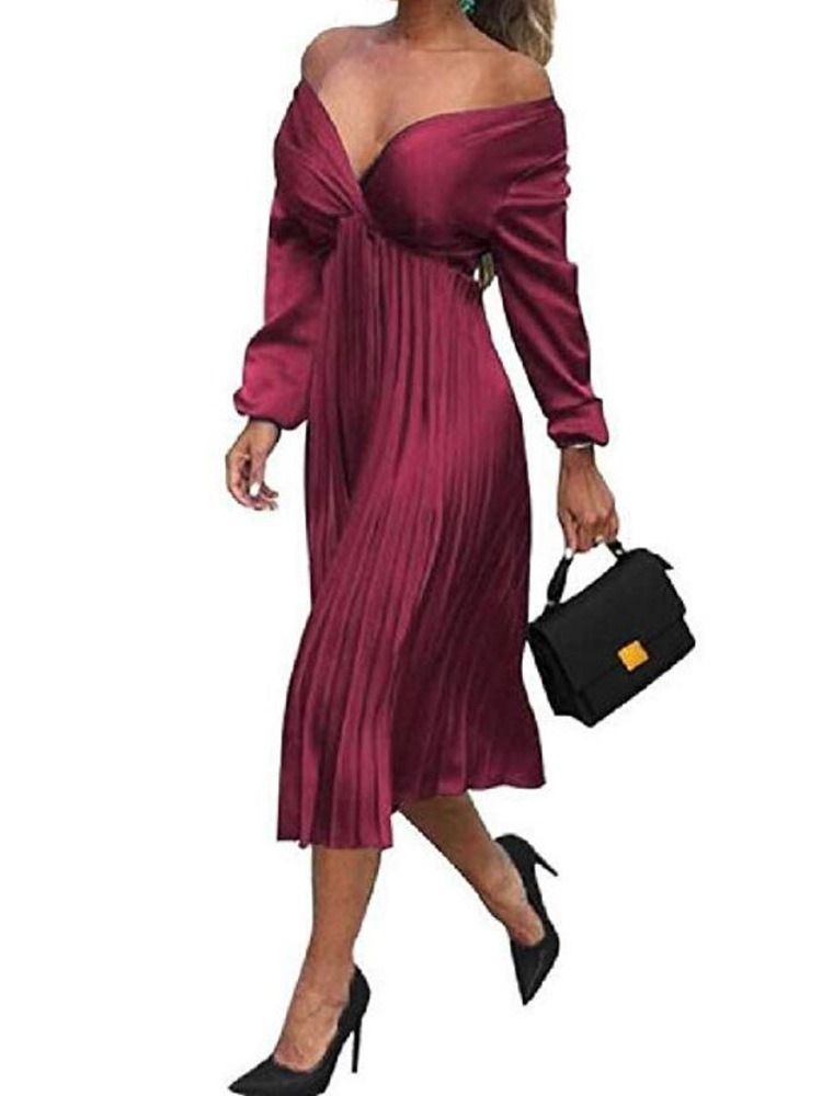 Damen-herbst-pulloverkleid Mit V-ausschnitt Und Plissierter Wadenmitte