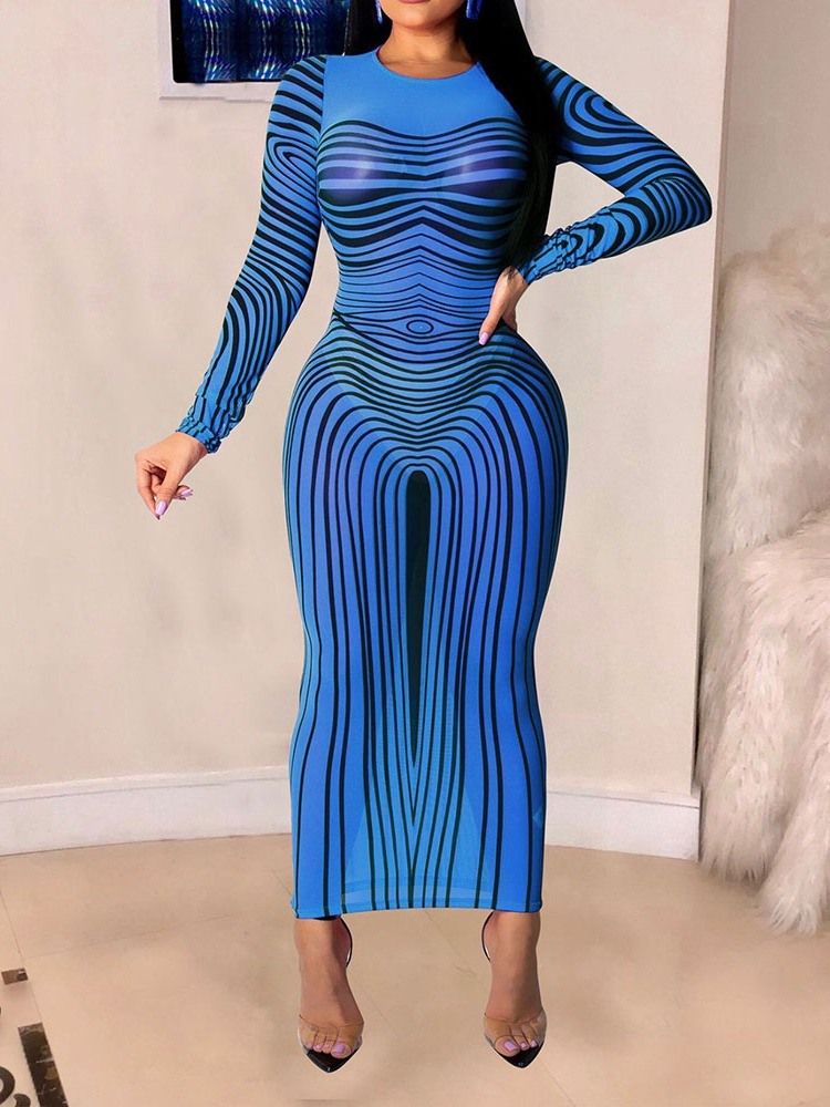 Damen Knöchellanger Rundhalsausschnitt Langarm Sexy Kleid Mit Mittlerer Taille