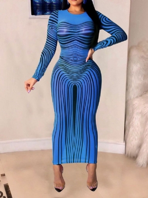 Damen Knöchellanger Rundhalsausschnitt Langarm Sexy Kleid Mit Mittlerer Taille