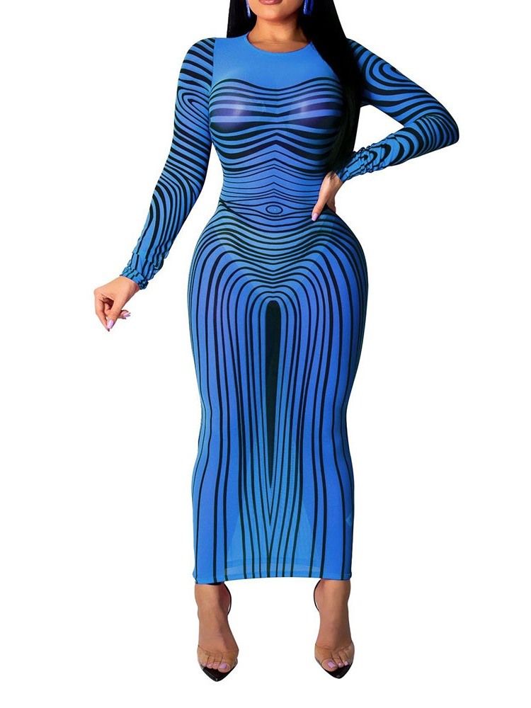 Damen Knöchellanger Rundhalsausschnitt Langarm Sexy Kleid Mit Mittlerer Taille