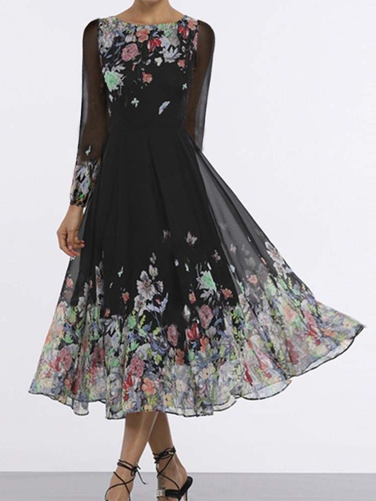 Damen-langarm-print Mid-waid Mid Waist Blumenkleid