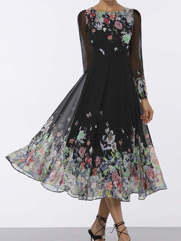 Damen-langarm-print Mid-waid Mid Waist Blumenkleid