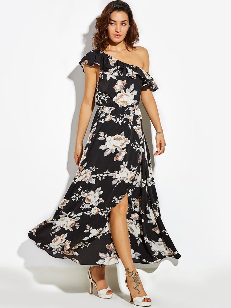 Damen-maxikleid Mit Schrägem Kragen Und Rüschen-print